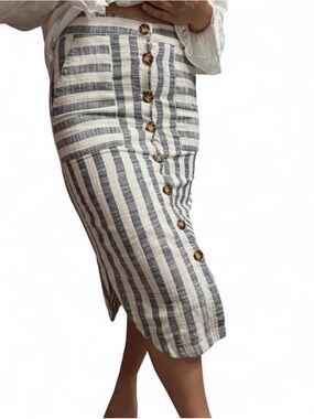 Anthropologie Striped Button-Front Midi Skirt - White & Navy